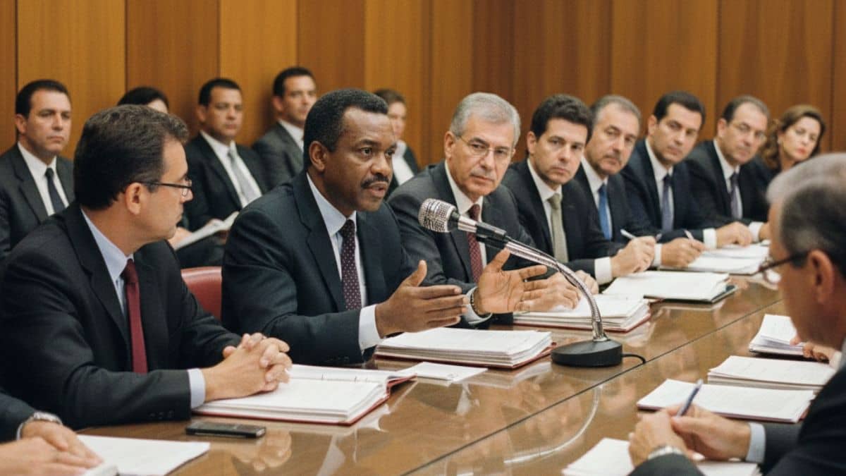 Imagem liderança de ONG sentado à mesa diretora de um comitê municipal de debates públicos, cercado por pessoas que o ouvem atentamente.
