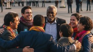 José Carlos do Nascimento abraçado a outros representantes de movimentos sociais em uma praça pública, sorrindo após uma reunião de articulação pelos direitos dos trabalhadores.