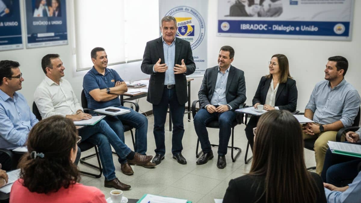 Nove pessoas reunidas em um ambiente sindical, sentadas em um círculo de debate. O Sr. José Carlos do Nascimento fala em nome do IBRADOC, em um clima de união e entendimento mútuo.