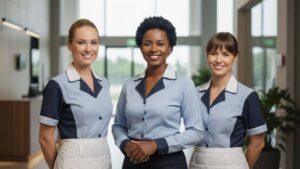 Três mulheres sorridentes, vestidas com uniformes profissionais de trabalho doméstico, em um ambiente residencial organizado e bem cuidado, representando o profissionalismo da categoria.