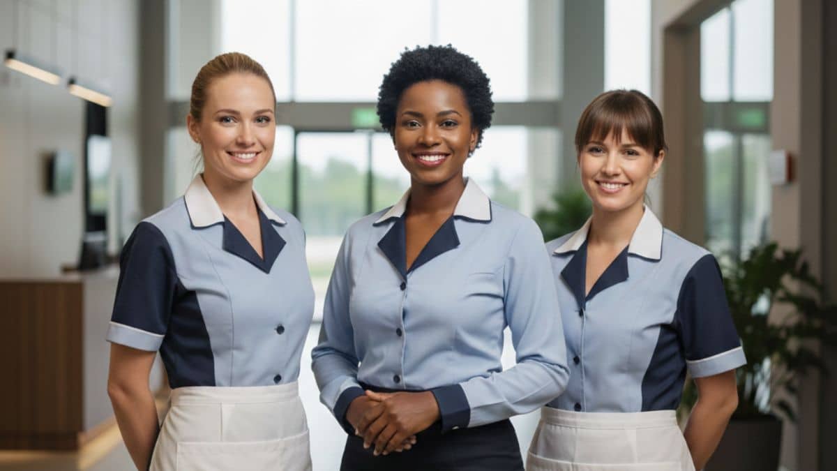 Três mulheres sorridentes, vestidas com uniformes profissionais de trabalho doméstico, em um ambiente residencial organizado e bem cuidado, representando o profissionalismo da categoria.